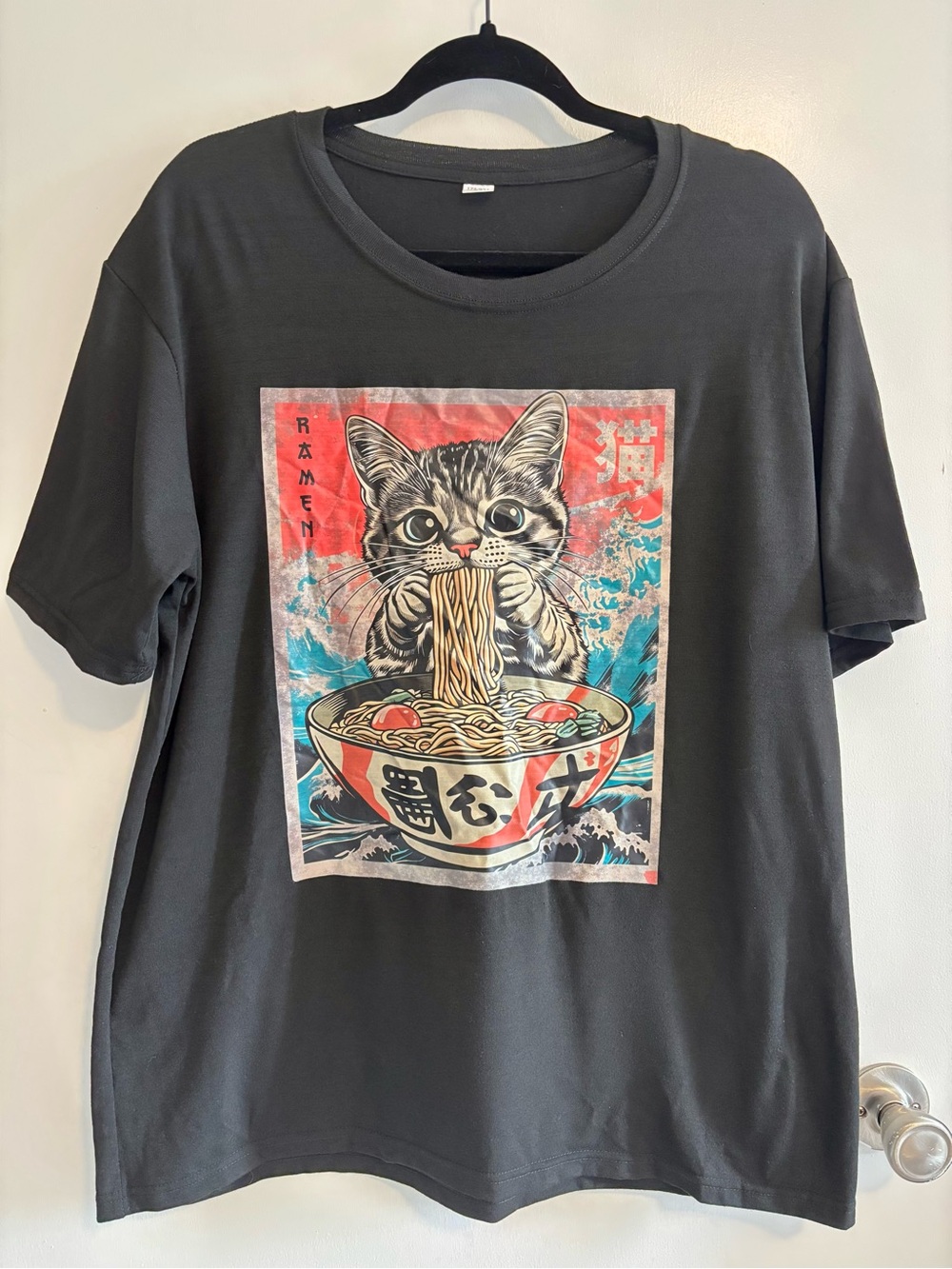 Japanese inspired Black Tee with Cat Ramen Graphic